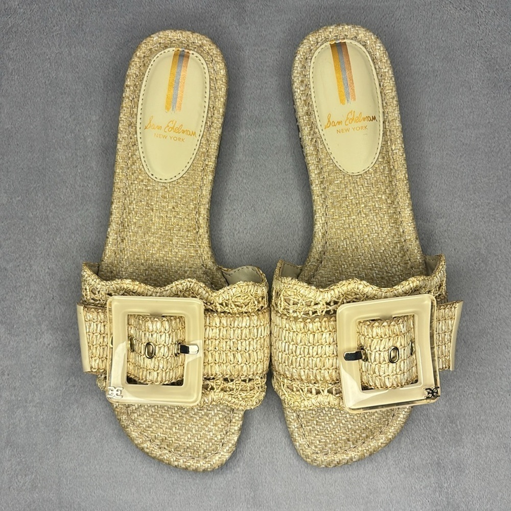 Sam Edelman Cream Raffia Slide Sandals Buckle Detail Size 8.5 Boho Summer